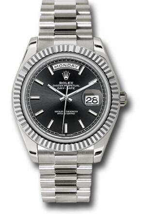 Replica Rolex White Gold Day-Date 40 Watch 228239 Fluted Bezel Black Index Dial President Bracelet